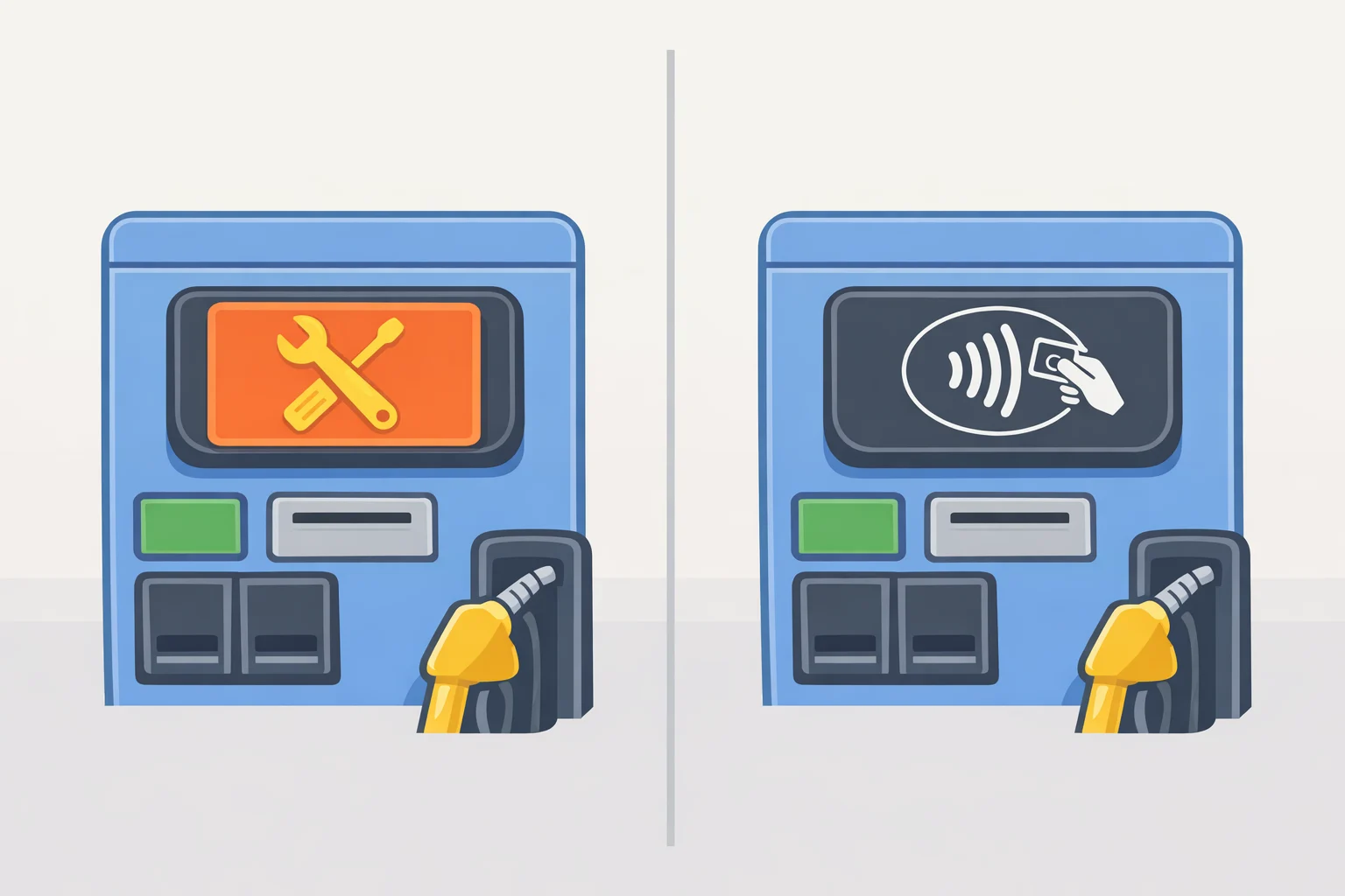 Close-up of a gas pump contactless reader with a flat maintenance sticker over the tap-to-pay/NFC areatap to pay stickers on gas pumps can be normal replacements, not skimming devices