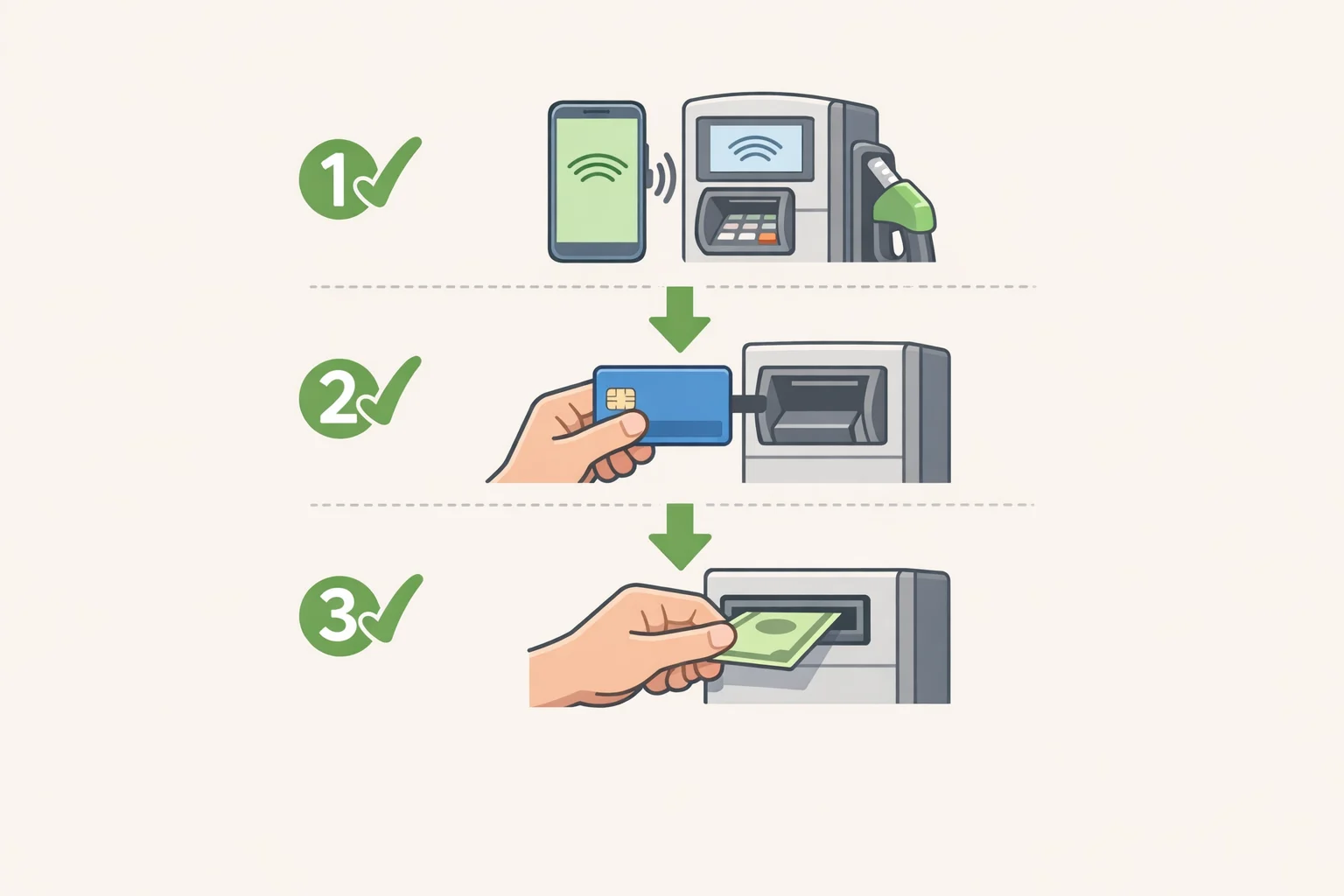 Infographic checklist ranking gas pump payment methods from safest to least safe: tap via mobile wallet, tap via contactless card, chip insert, and swipe last resort
