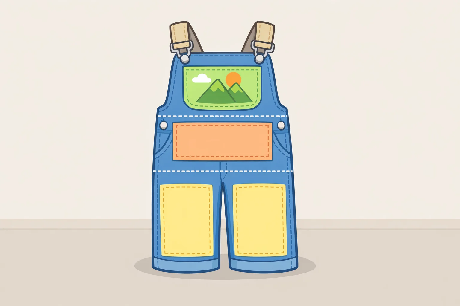 Diagram of how to paint denim overalls with three planned zones: a focal image on the bib pocket, graduation year or name on the bib panel/back pocket, and blank leg areas reserved for signatures
