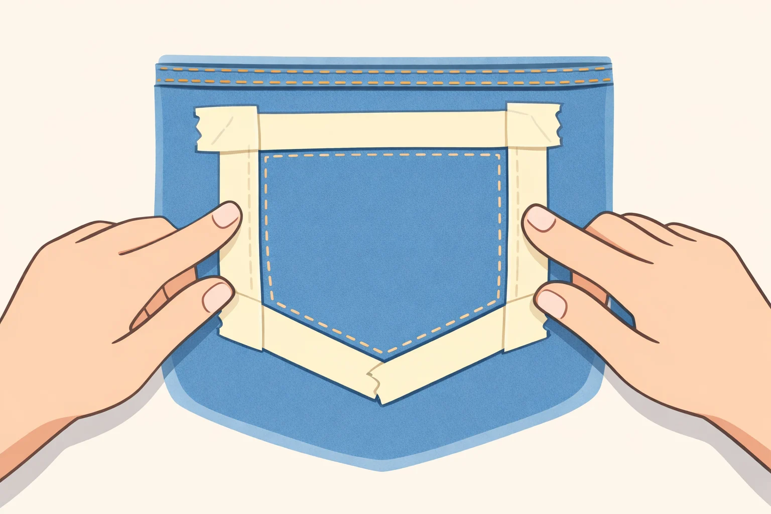 Close-up of Scotch tape pressed along the perimeter of a denim bib pocket to form clean borders for painting