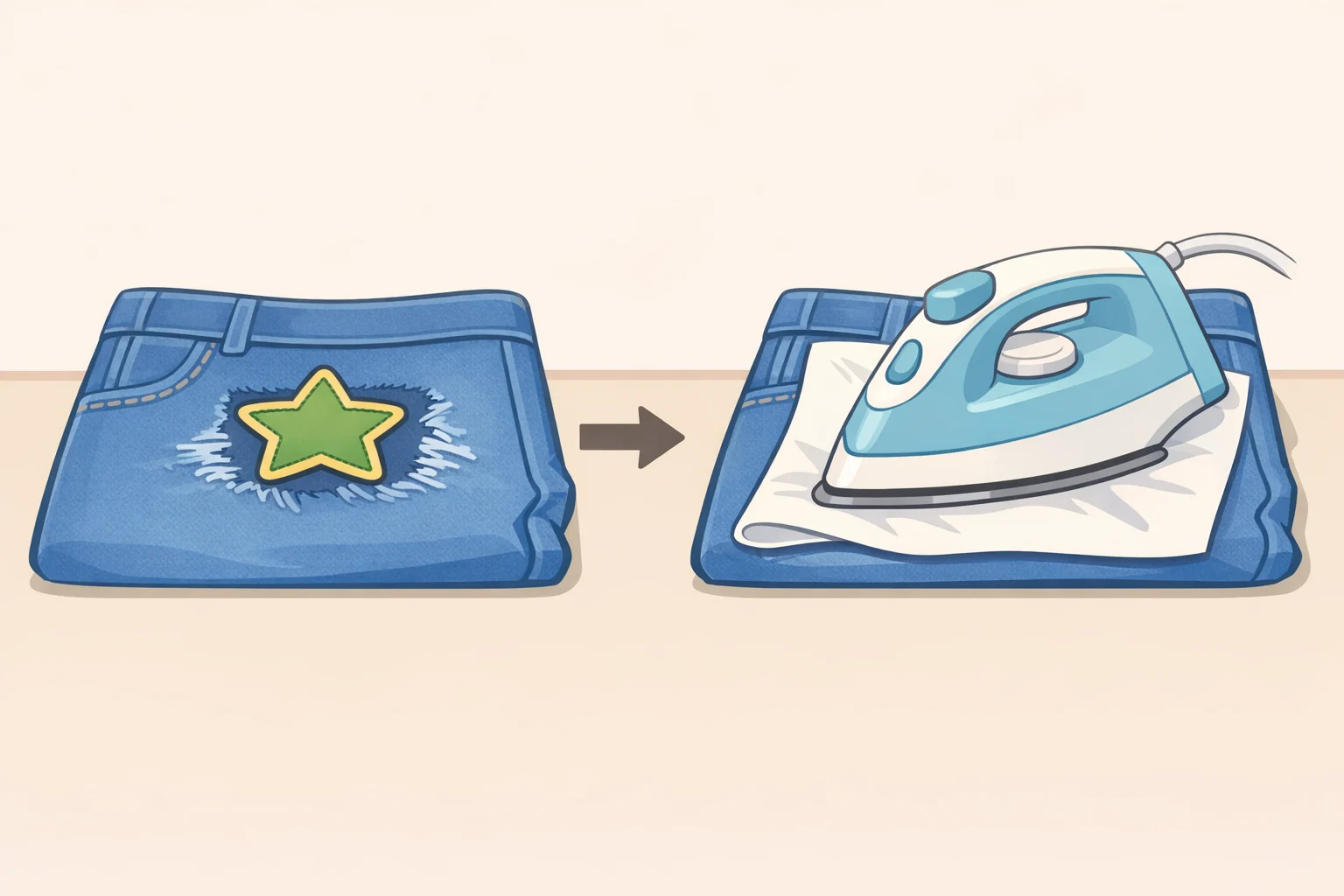Step illustration showing a denim patch placed over a damaged spot with a protective cloth between the iron and the patch while pressing to bond the adhesive