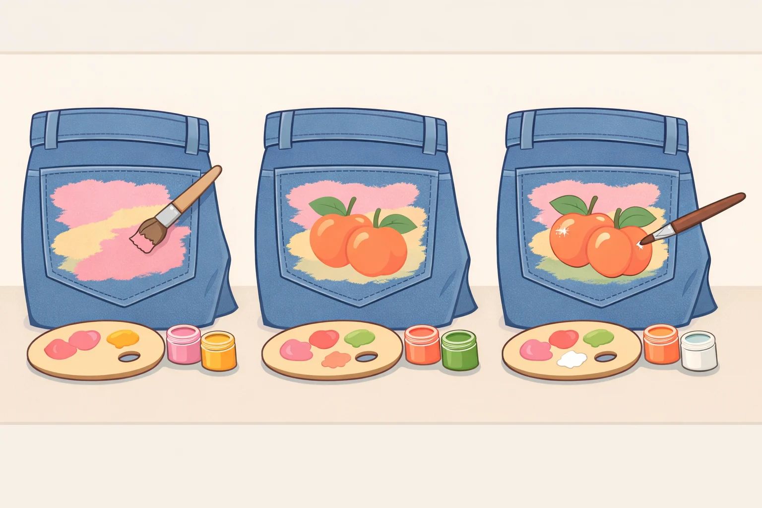 Sequence illustration of painting on denim: dabbing background colors, layering main shapes with progressively darker tones, adding leaf veins with a thin brush, and finishing with fine-line text