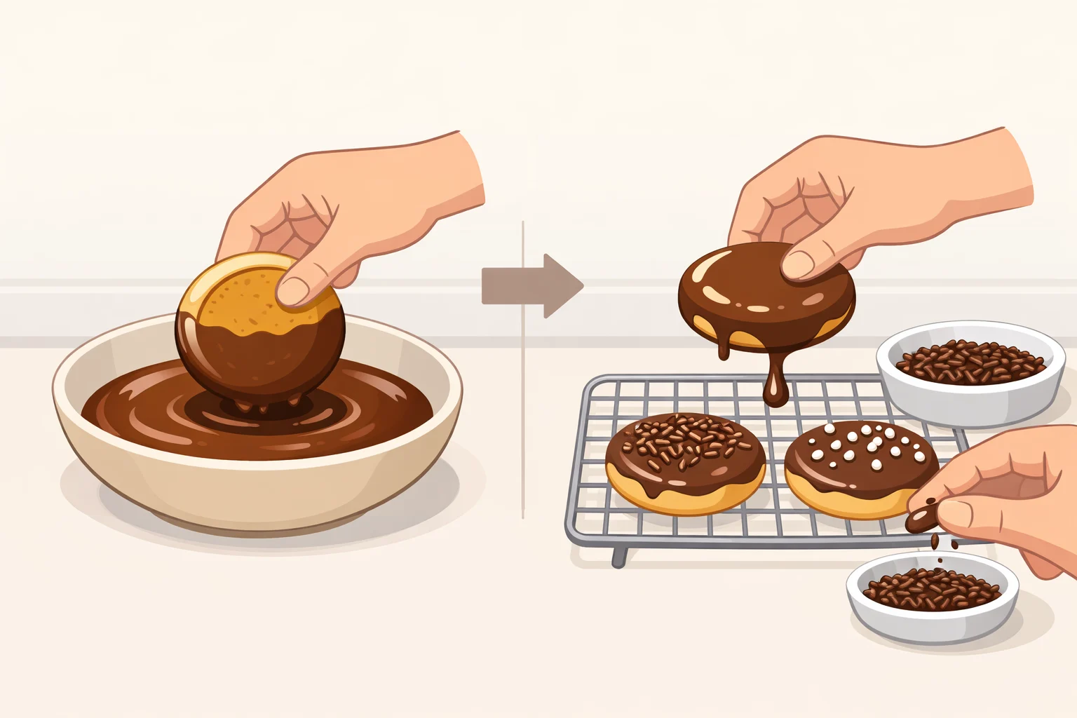 A baker dipping espresso martini cookies into a shiny Kahlúa glaze, with the cookies face-down and excess dripping off, before adding garnish