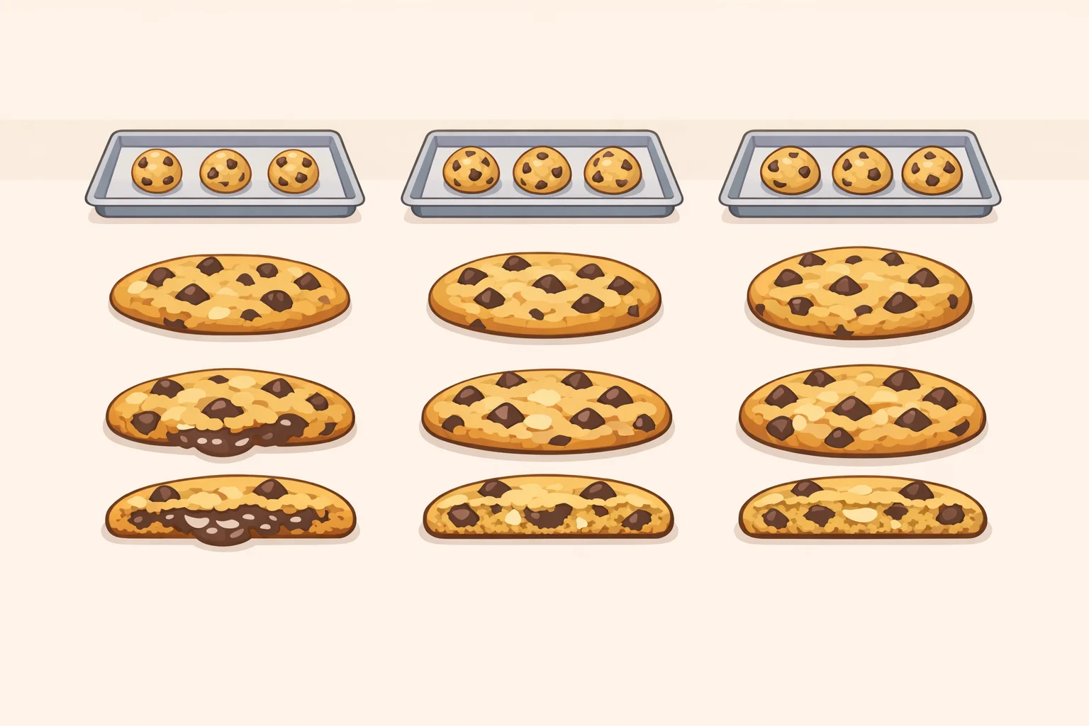 An illustration comparing no-chill, 30-minute chilled, and overnight chilled espresso martini cookies to show how each baking outcome affects spread and soft centers