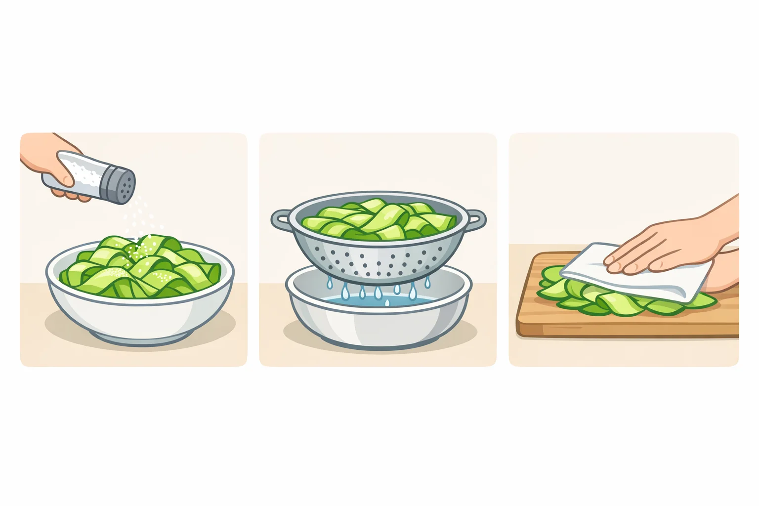 Illustration of cucumber ribbons after a 10-minute salt drain and then being patted completely dry before folding into cold sesame noodles