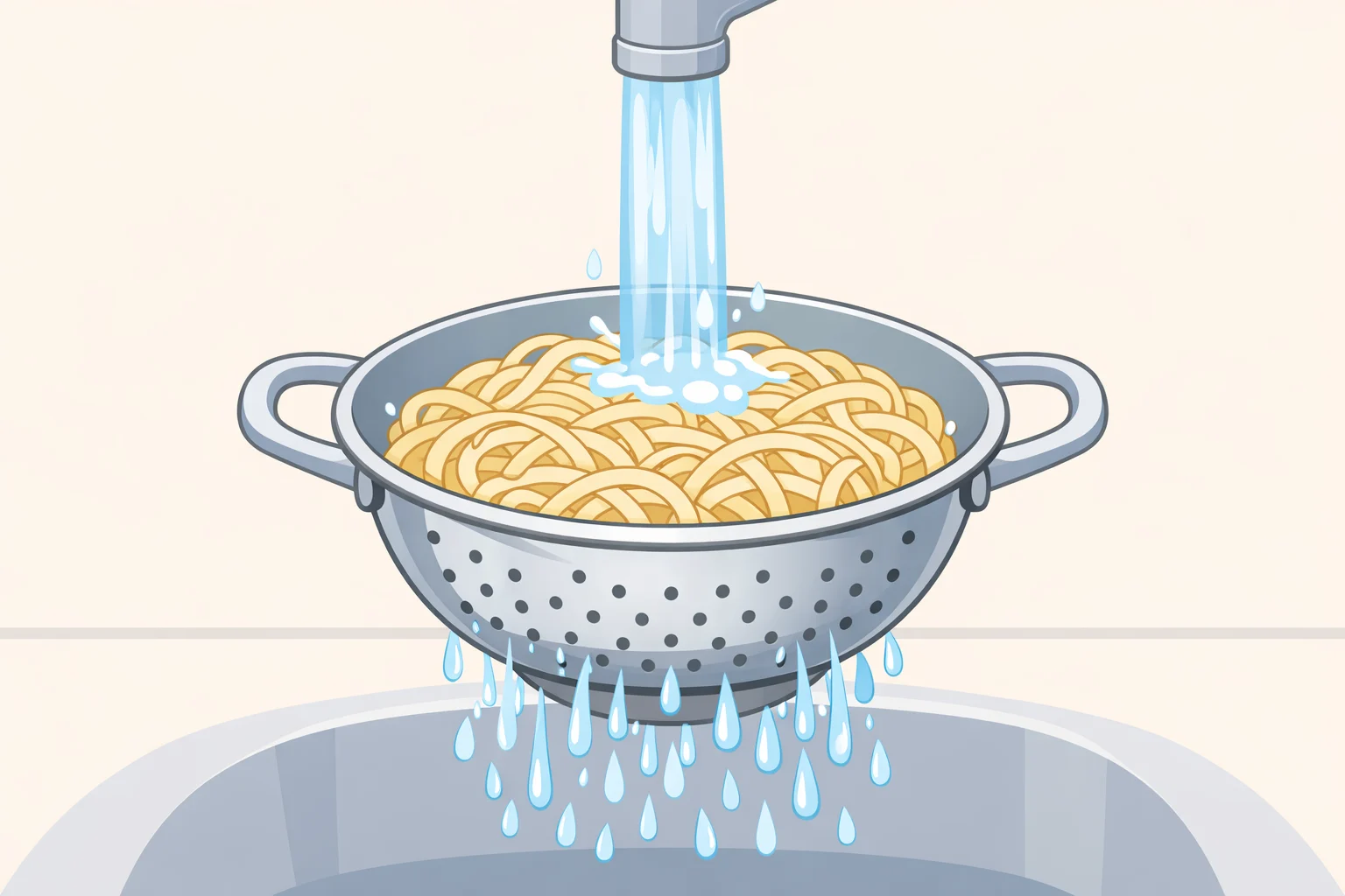 Illustration of a colander with al dente noodles being rinsed under cold water until cool and no longer slick, a key step in the cold sesame noodles recipe for preventing gummy clumps