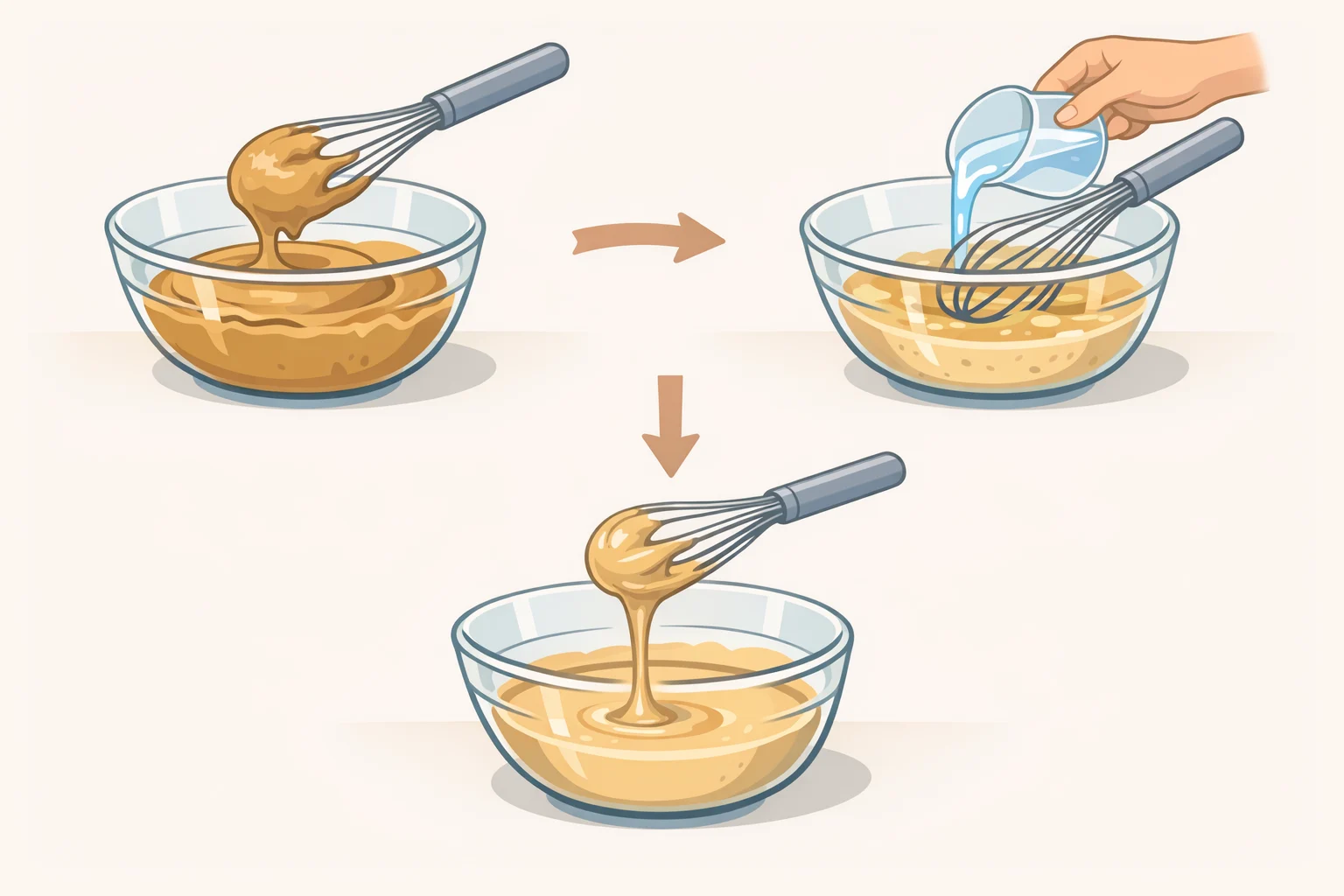 Illustration of a thick sesame paste sauce being whisked and loosened with added water until it falls from the whisk in a slow, steady ribbon for cold sesame noodles