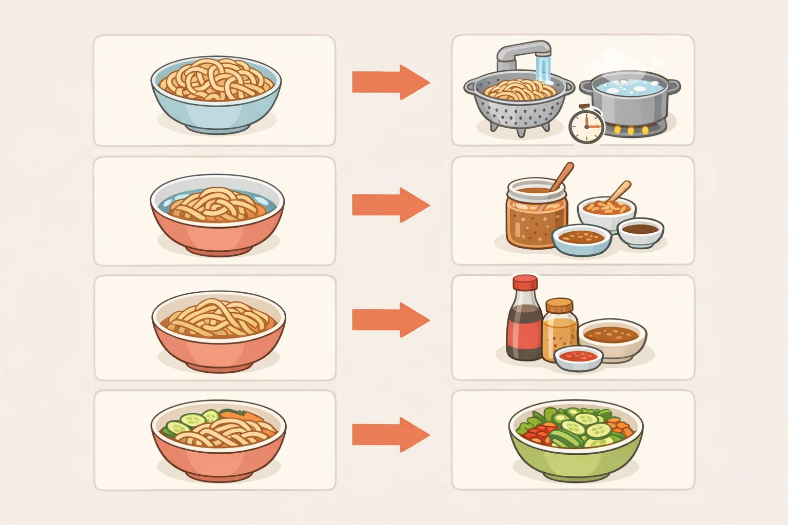 Infographic-style illustration correlating common issues with cold sesame noodles—gummy noodles, clumpy sauce, sliding sauce, and watery bowls—with the recommended fixes