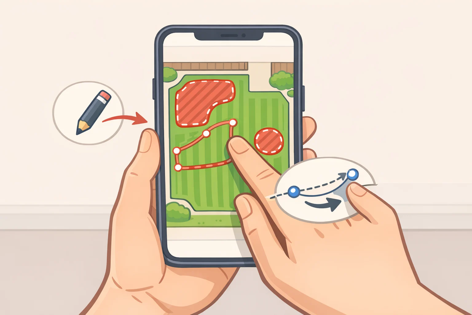 Illustration of a robot mower app displaying digital mowing zones, no-go areas around garden beds, and updated virtual boundaries on a yard map