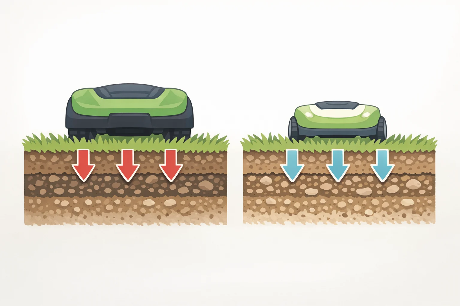 Side-by-side illustration of compacted soil from heavier riding mower passes versus lighter robot mower passes that minimize soil compaction