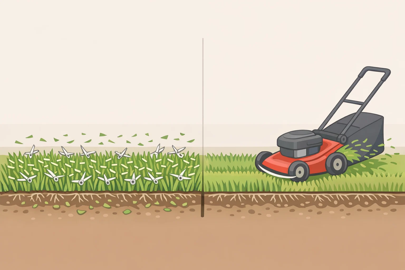 Diagram comparing a robot mower’s frequent shallow passes that continuously mulch clippings versus a riding mower’s single weekly cut that removes more blade at once