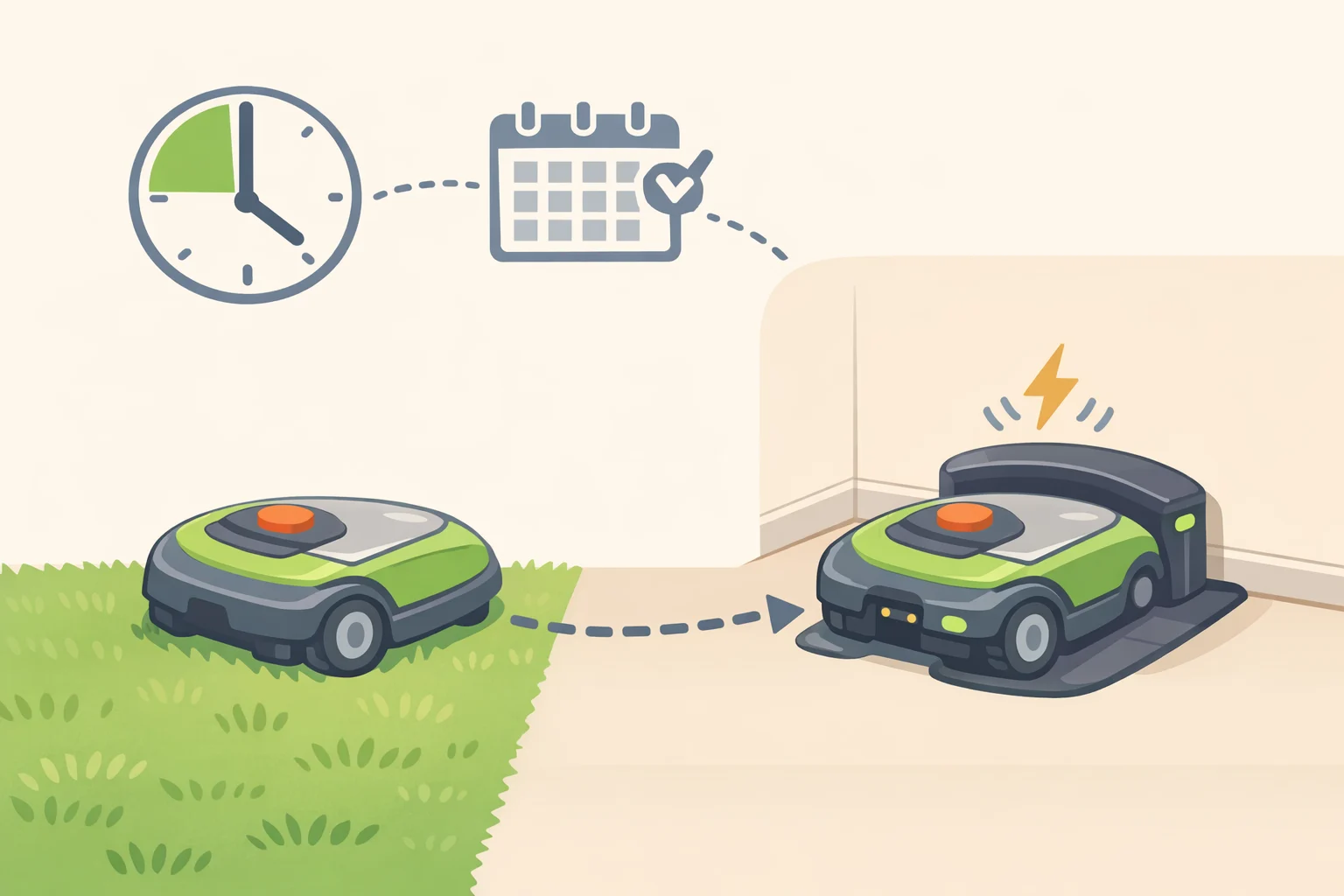 Robot mower vs riding mower: a robot mower traveling to mow, then automatically returning to its charging dock and resuming without a person in the seat