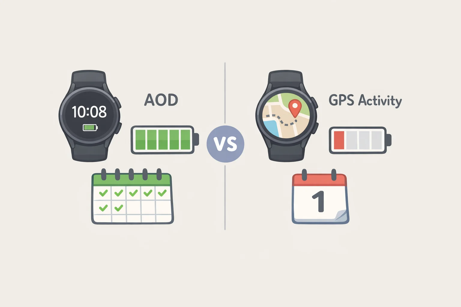 Chart-style illustration showing CMF Watch 3 Pro battery estimates: about 13 days with light use and AOD off, 4–5 days with heavier use, and 2–3 days when always-on display is continuous