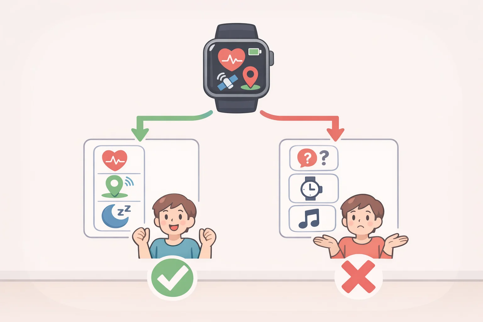 Decision tree illustration helping shoppers choose whether the CMF Watch 3 Pro deal fits their priorities, focusing on GPS, display, battery, apps, NFC payments, and iPhone message compatibility