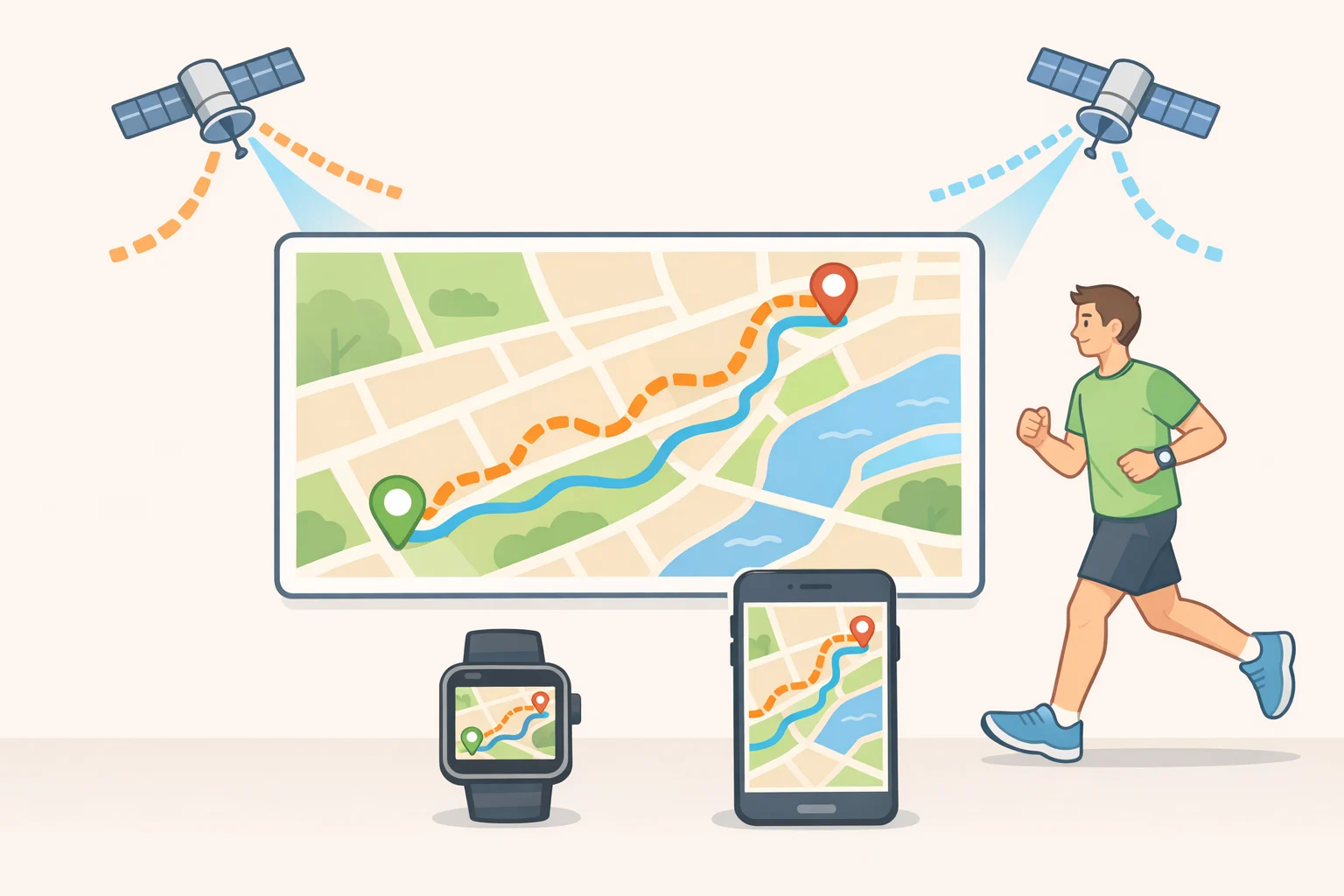 Illustration of dual-band GPS locking and tracking a running route on a smartwatch display for the CMF Watch 3 Pro deal