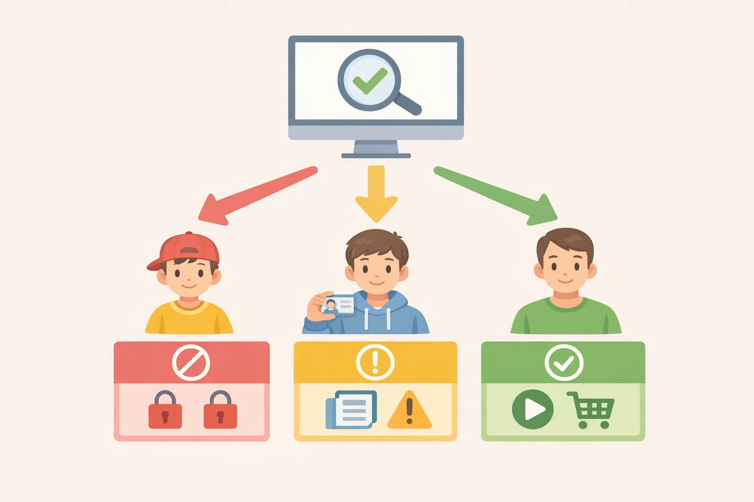 Illustration of an age-assurance system routing users into under-16, 16-17 curfew-default, and adult access rule sets