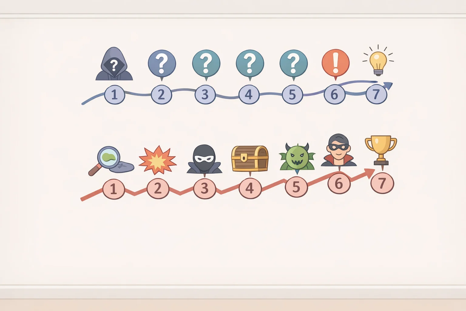 Infographic-style timeline of seven episodes illustrating one view that pacing reveals motives through restraint and another view that twists arrive as expected