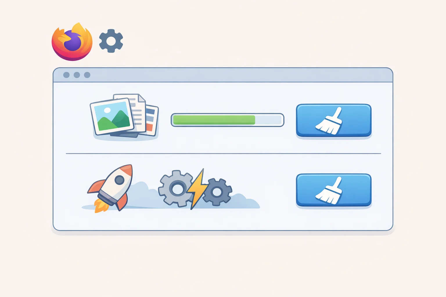 Illustration of Firefox Settings > Privacy & Security > Cookies and Site Data > Clear Data with Cached Web Content selected, plus a second panel showing about:support with 'Clear startup cache…' confirmed