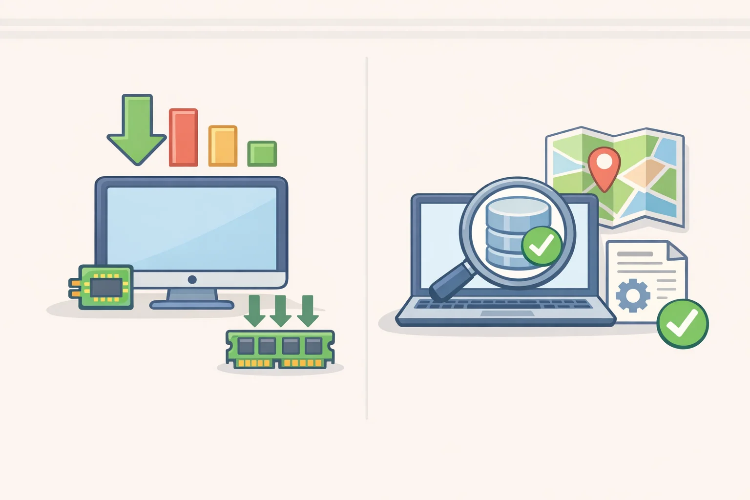 Diagram-style illustration of the about:memory 'Minimize memory usage' button and the about:support Places Database section with 'Verify Integrity' selected