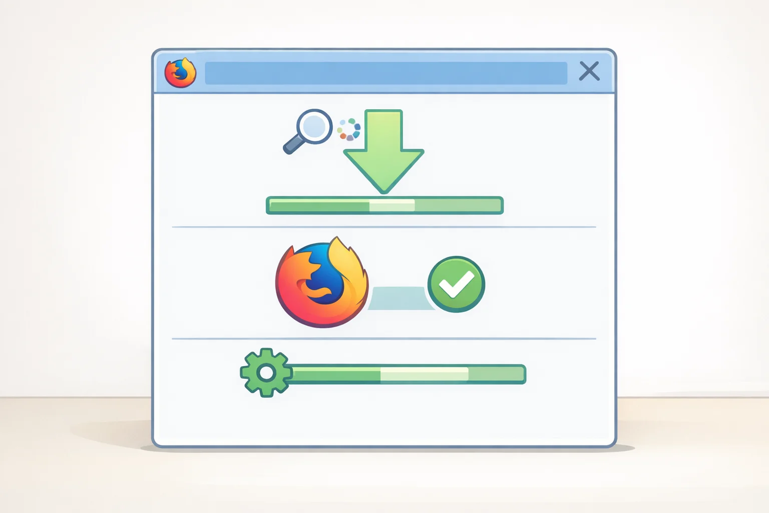 Screenshot-style illustration of the Firefox Help > About Firefox screen where updates are checked, followed by restarting the computer to complete the performance fix