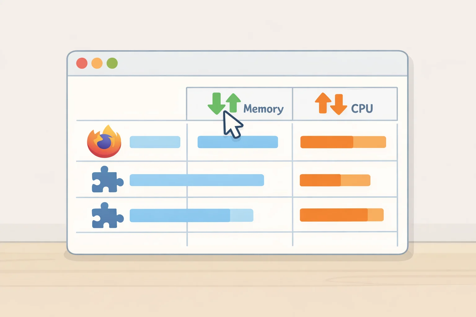 Illustration of Firefox about:processes Task Manager listing tabs/extensions with memory and CPU columns, showing how to speed up Firefox by closing the heaviest entries