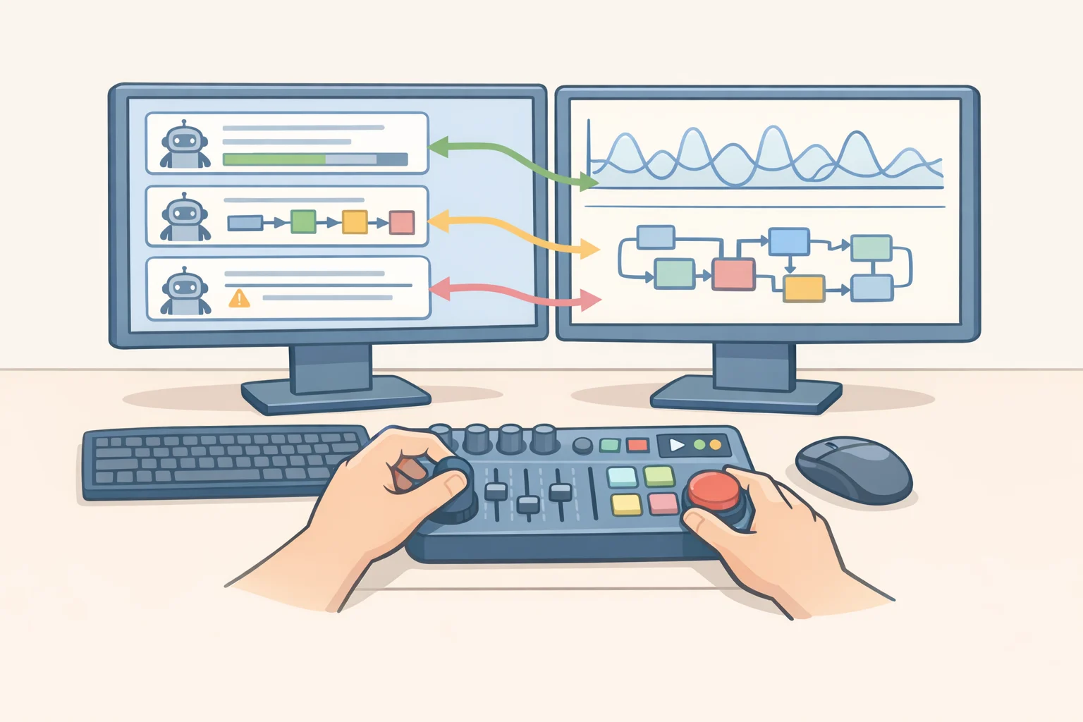 Illustration of a developer supervising multiple OpenAI Codex agent threads using the OpenAI Codex Micro keyboard as a physical control surface to reduce context switching