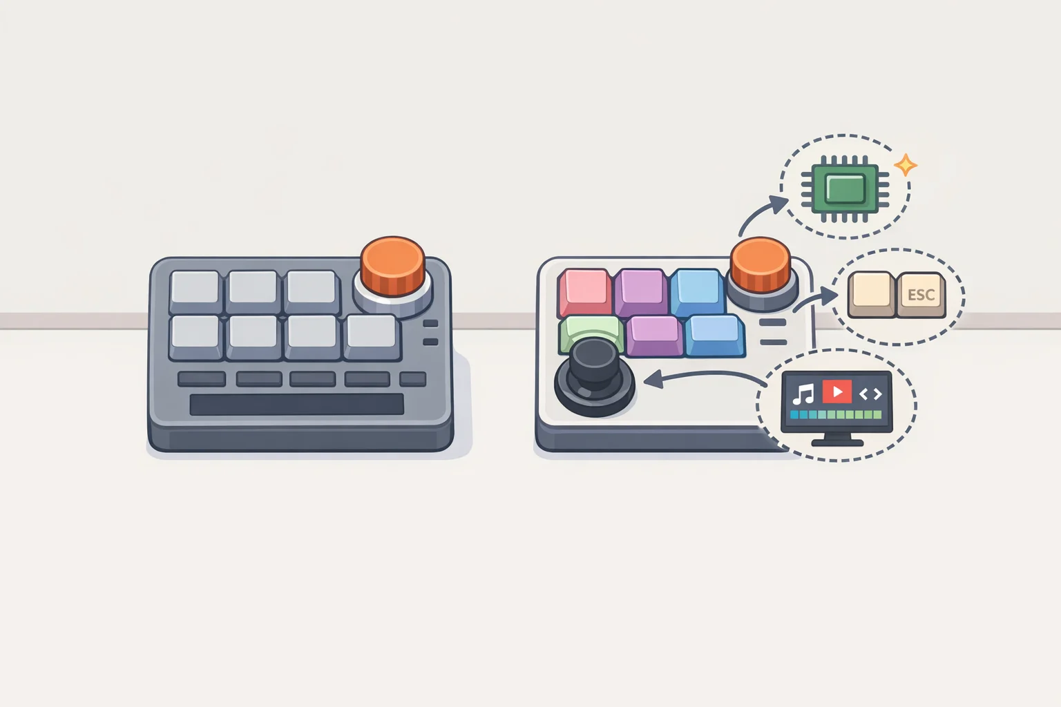 Illustration comparing the Work Louder Creator Micro 2 macro pad hardware (mechanical keys, joystick, touch controls) with the OpenAI Codex Micro keyboard version featuring Codex-specific keycaps and configuration