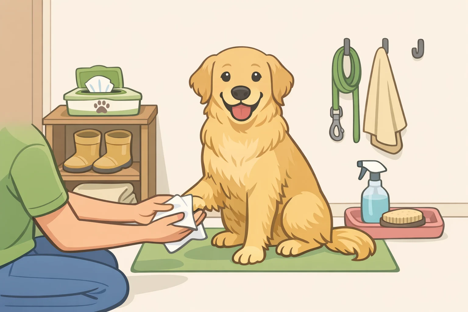 Illustration of how to keep a dog-friendly home clean and fresh by wiping paws, lower legs, belly, and face at the door using fragrance-free grooming wipes before the dog enters the living area