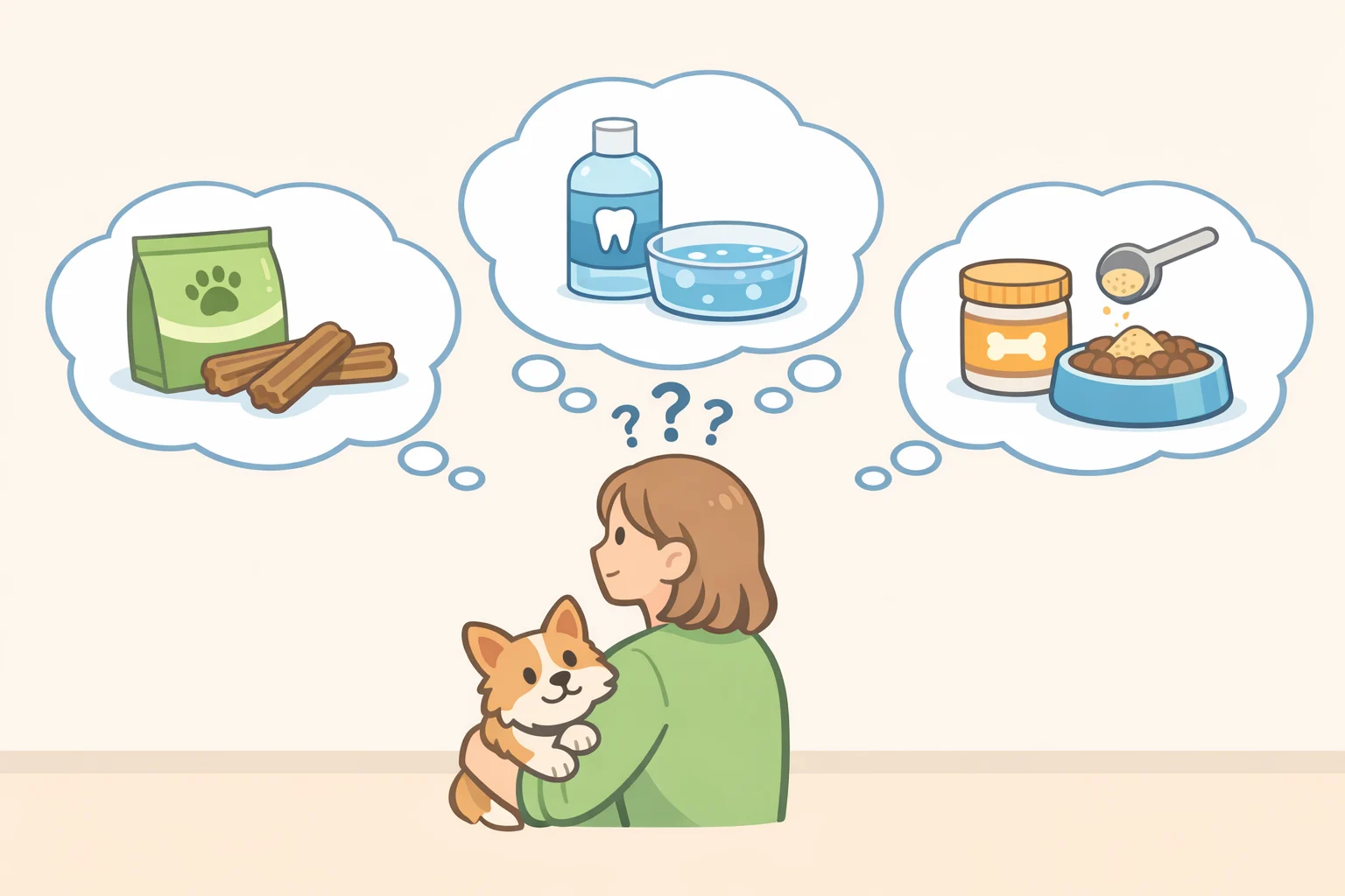 Illustration comparing VOHC-accepted dental backups for days when brushing is skipped: handing a daily dental chew, pouring a measured water additive into the bowl, or sprinkling a plaque-control powder onto food