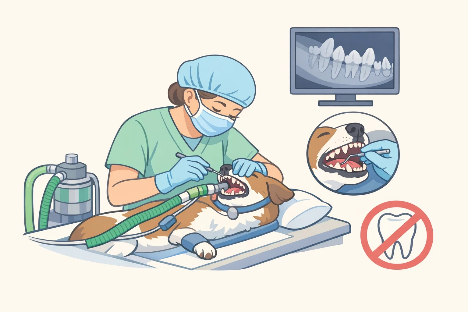 Illustration of a veterinarian conducting an anesthetized dental evaluation with a full-mouth exam and dental radiographs, highlighting that tartar removal and sub-gum assessment can’t be done with home brushing