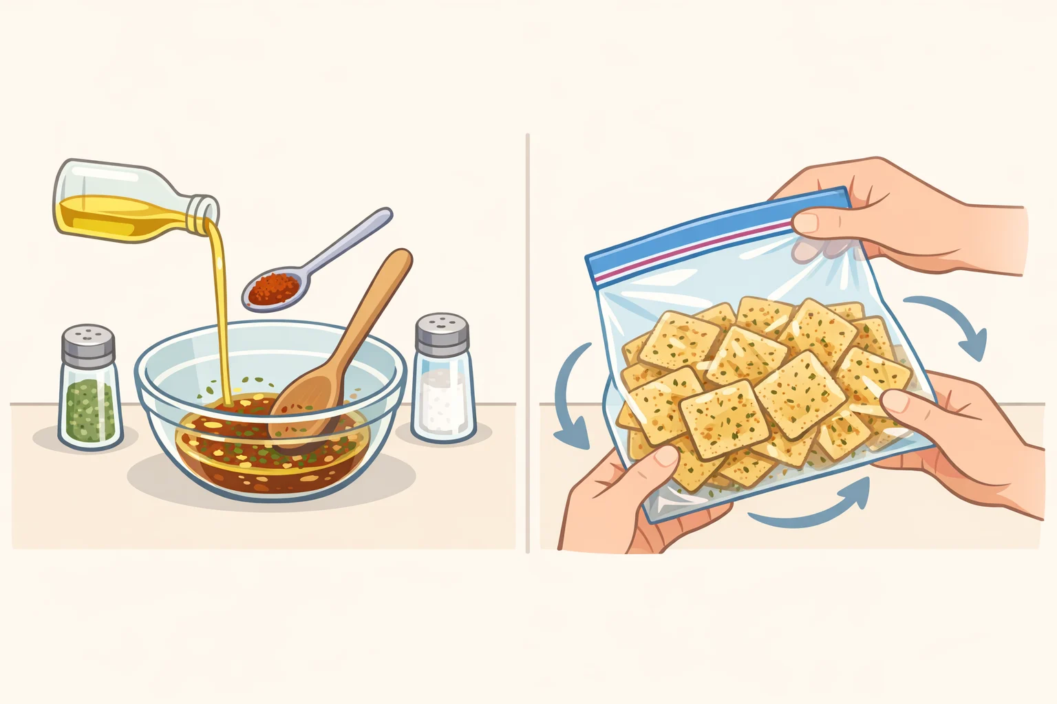 A close-up of crackers in a zipper-lock bag being gently turned to coat with seasoned oil for a firecracker crackers recipe