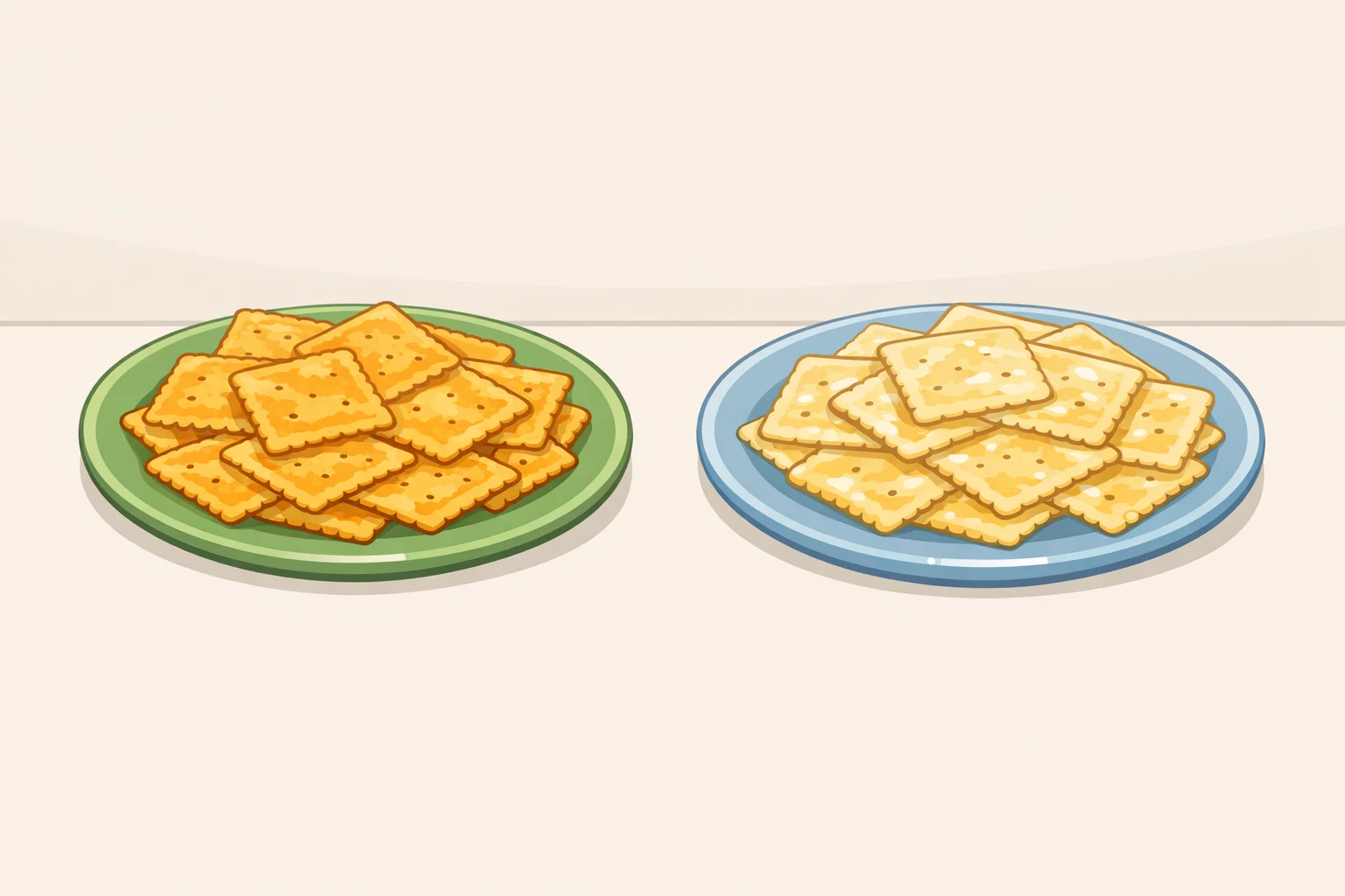A side-by-side comparison of baked vs no-bake firecracker crackers: flaky golden, deeply seasoned saltines from a low-oven bake versus richer, softer, oil-saturated Alabama-style crackers