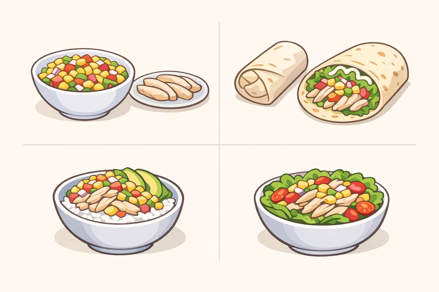 Cooked chili lime chicken reused in a grain bowl or wrapped in a tortilla, with leftover creamy street corn salad served alongside