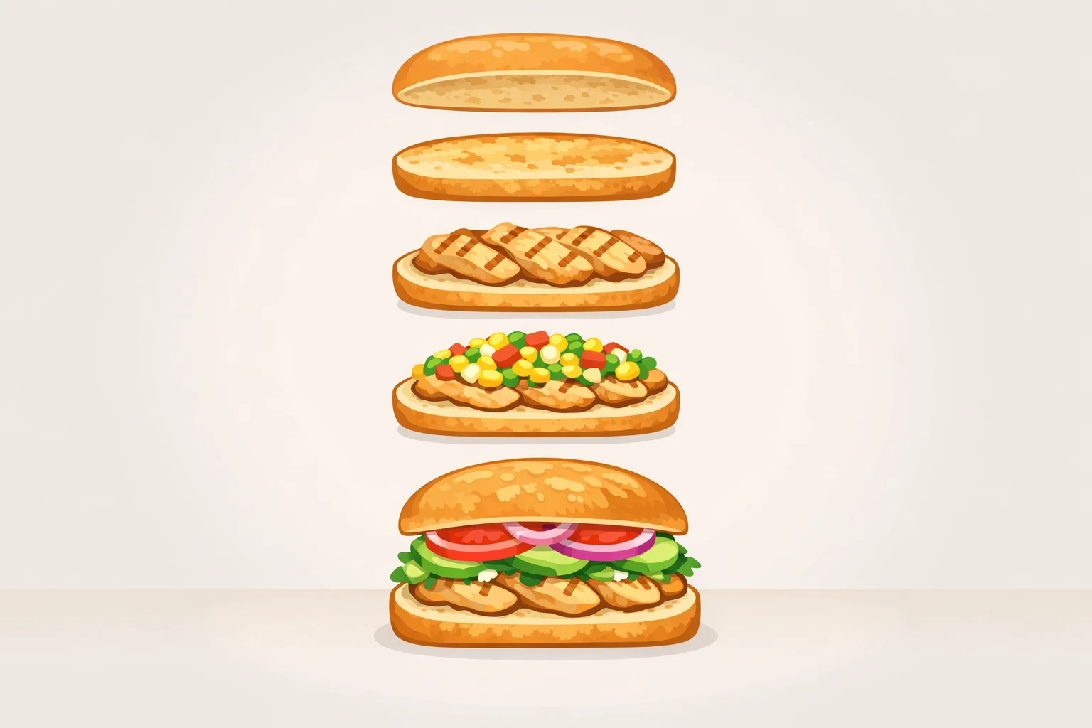Step-by-step sandwich assembly showing a toasted ciabatta or bolillo roll layered with sliced chili-lime grilled chicken, spooned street corn salad, avocado, and red onion