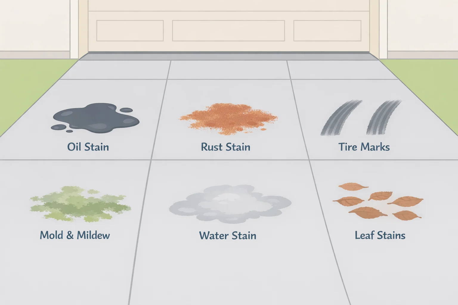 Color-coded guide to identify driveway stains: dark green-black algae/mildew, oily dark spread stains, orange-red rust rings, and dark tire carbon streaks on concrete