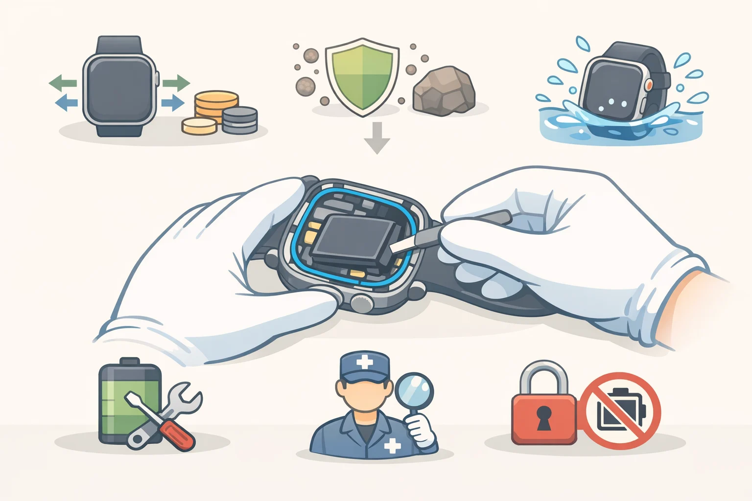 Cross-section illustration of a water-resistant smartwatch-style device with a compact sealed enclosure indicating why battery access may be restricted to independent professionals under EU wearable battery replacement rules
