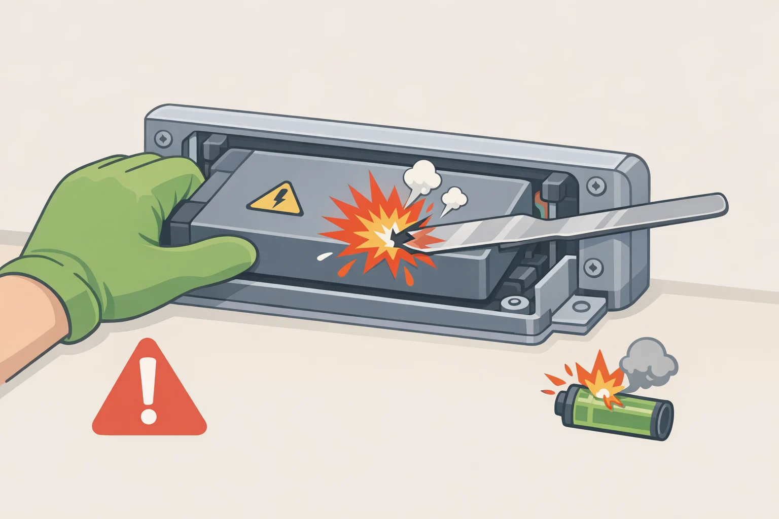Illustration of a sealed lithium battery in a tight wearable housing showing how improper removal could pierce the cell and create a fire hazard