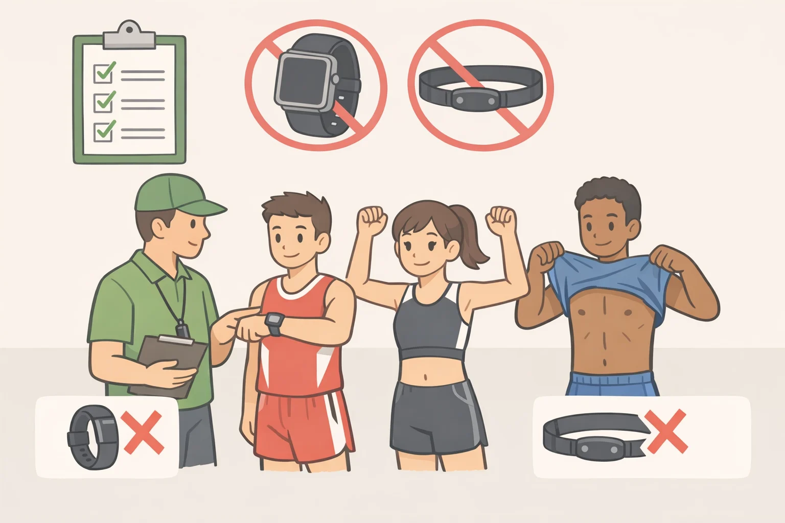 Team staff using a pre-race equipment checklist to verify UCI-compliant gear, including banning body-worn camera devices like smart glasses