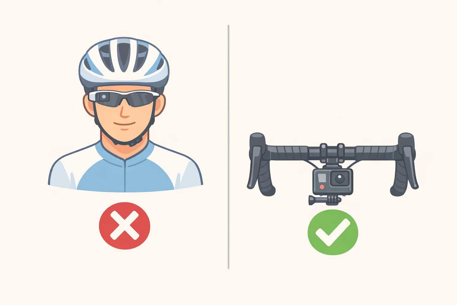 Side-by-side illustration comparing body-worn smart glasses with a built-in camera versus a bike-mounted on-bike camera permitted under UCI regulation 1.3.006