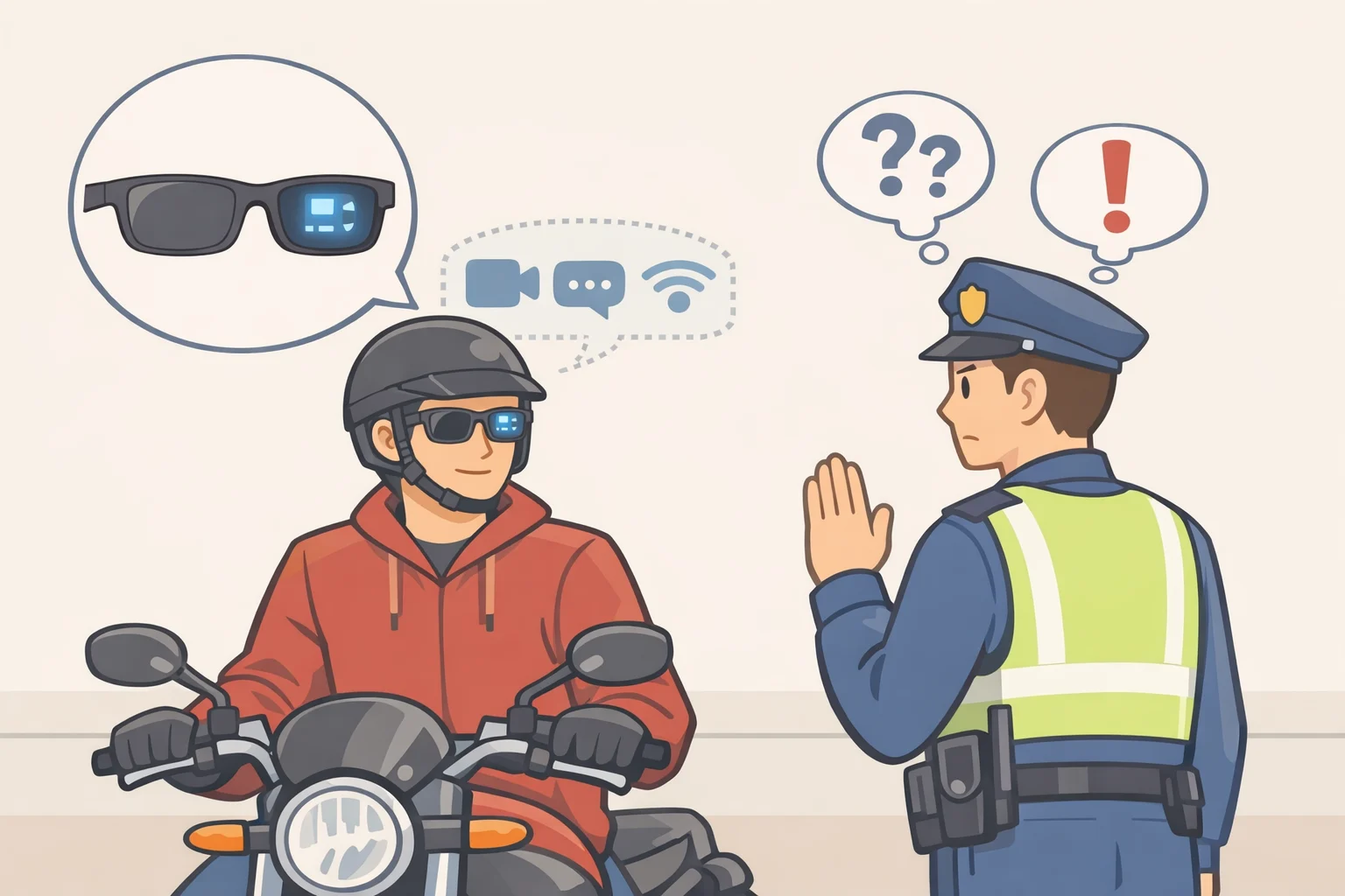 Illustration of a pro cyclist wearing consumer smart glasses that look like ordinary sunglasses while showing that hidden recording capability creates a UCI compliance risk