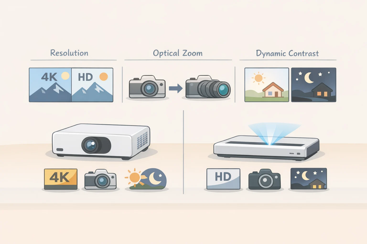 Side-by-side feature comparison of the XGIMI Elfin Flip 4K projector and the Elfin Flip Laser highlighting 4K vs 1080p resolution, optical zoom availability, and dynamic contrast differences