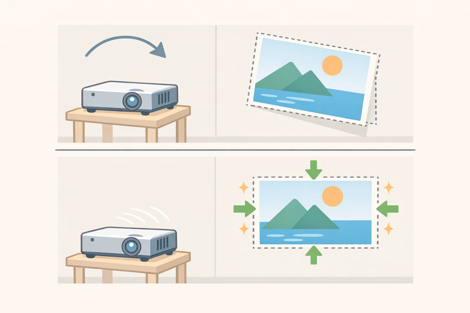 Illustration of the XGIMI Elfin Flip 4K projector placed in a new room with keystone correction and autofocus aligning the image on a large screen within minutes