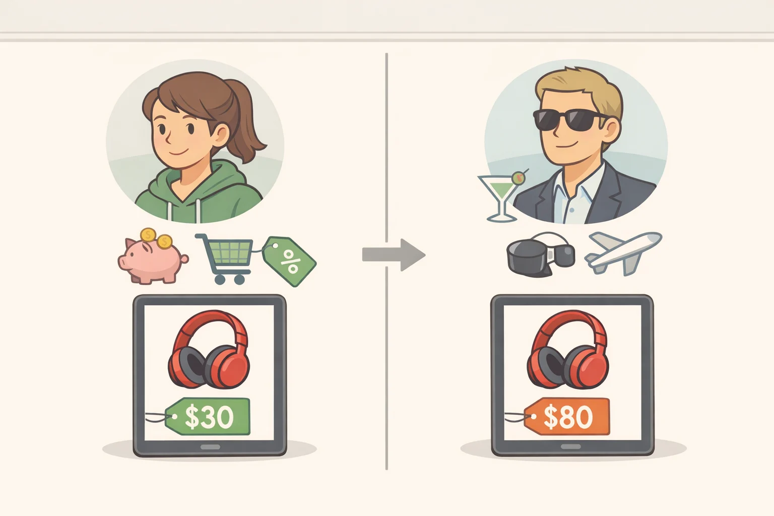 Illustration of surveillance pricing where two shoppers see the same item at different prices due to broker-derived signals such as precise location, browsing history, and demographic data.