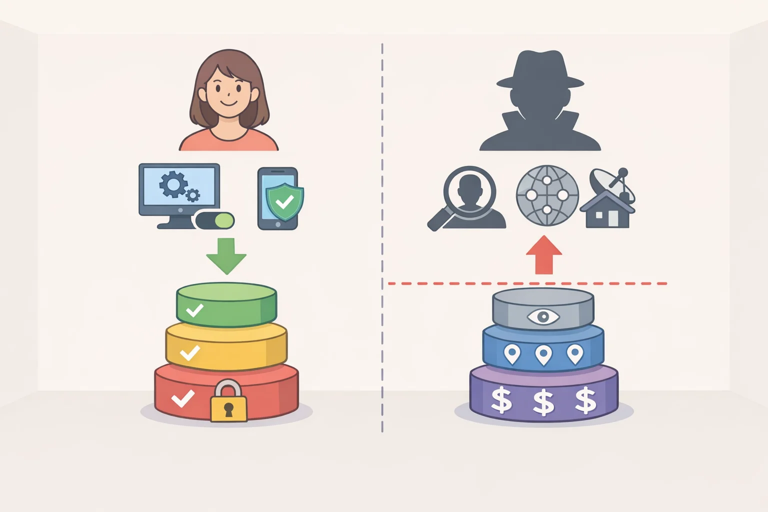 Split-panel chart showing personal habits impact only certain inputs (app location permissions, marketing opt-outs, reducing accounts) while public records, broker-to-broker purchases, and hidden derived inferences remain unaffected.