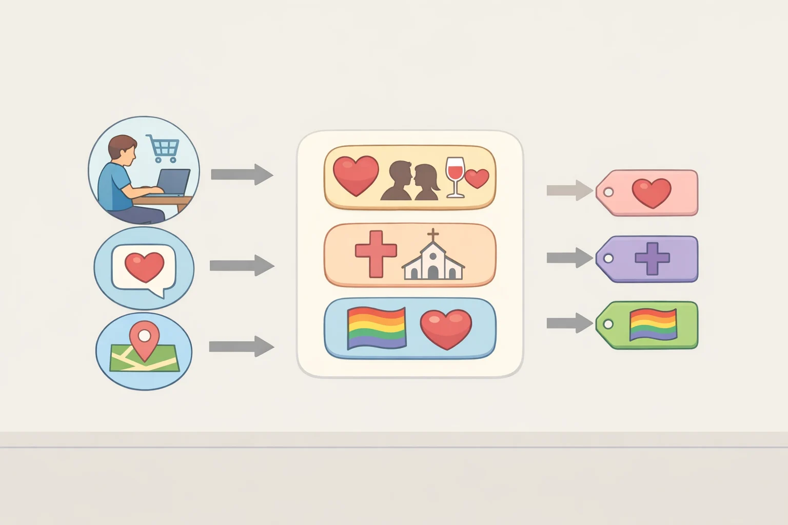 Flow illustration of how scattered behavioral signals (purchases, location patterns, device activity) are transformed by an inference engine into derived tags like 'Diabetes Interest' and 'Expectant Parent'—how data brokers get your information beyond what you disclose.