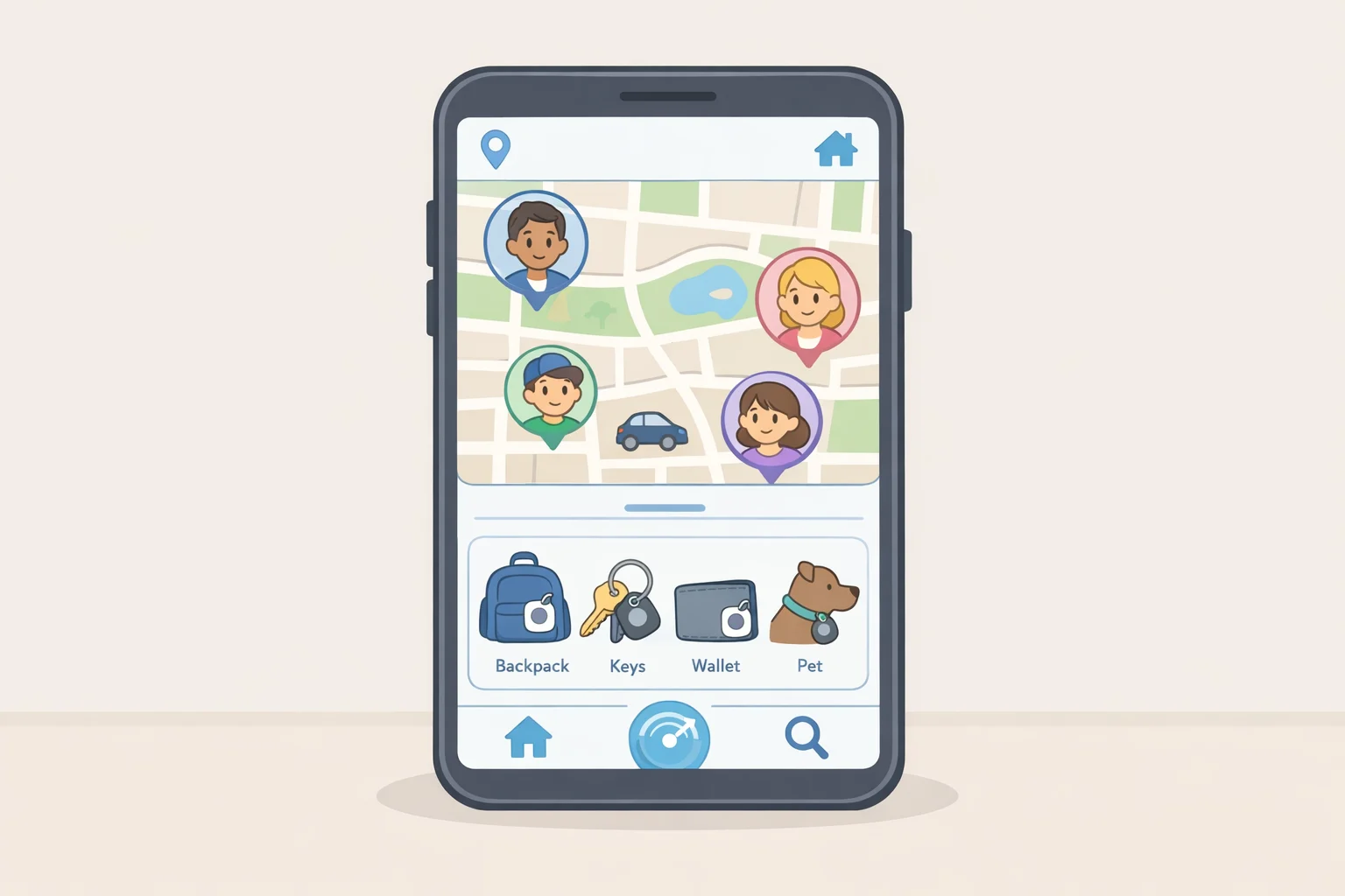 Life360 app screen mapping people, pets, and belongings connected to Disney Tile trackers for family travel safety