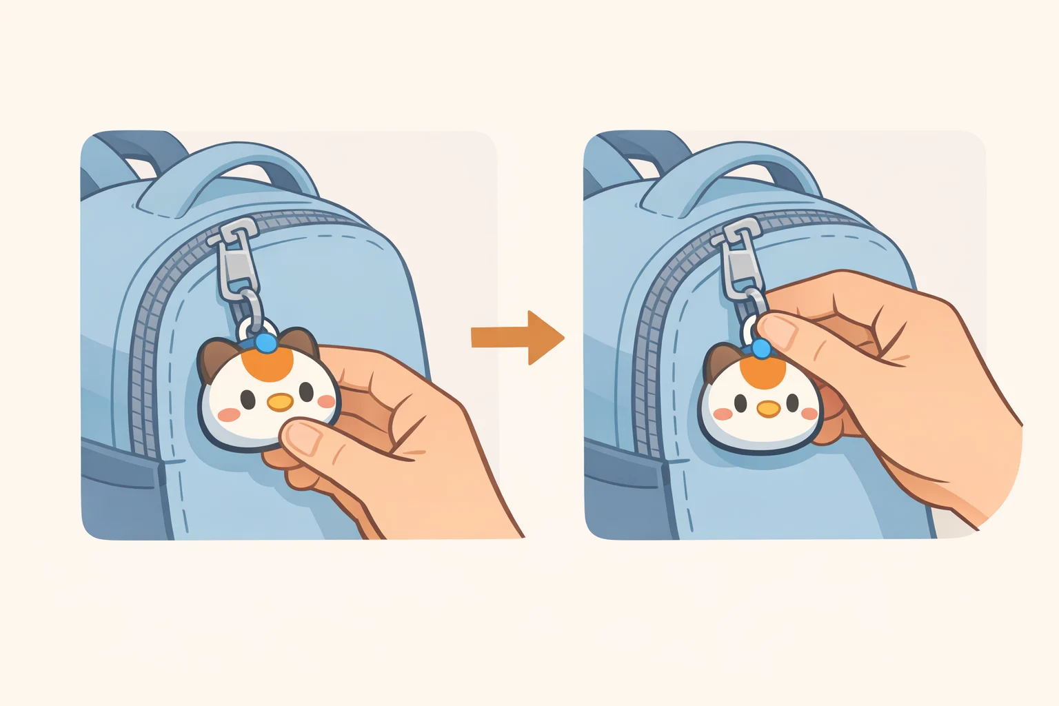 Close-up of a Mickey Mouse Tile tracker clipped to a child's backpack with other family members seeing it in everyday life