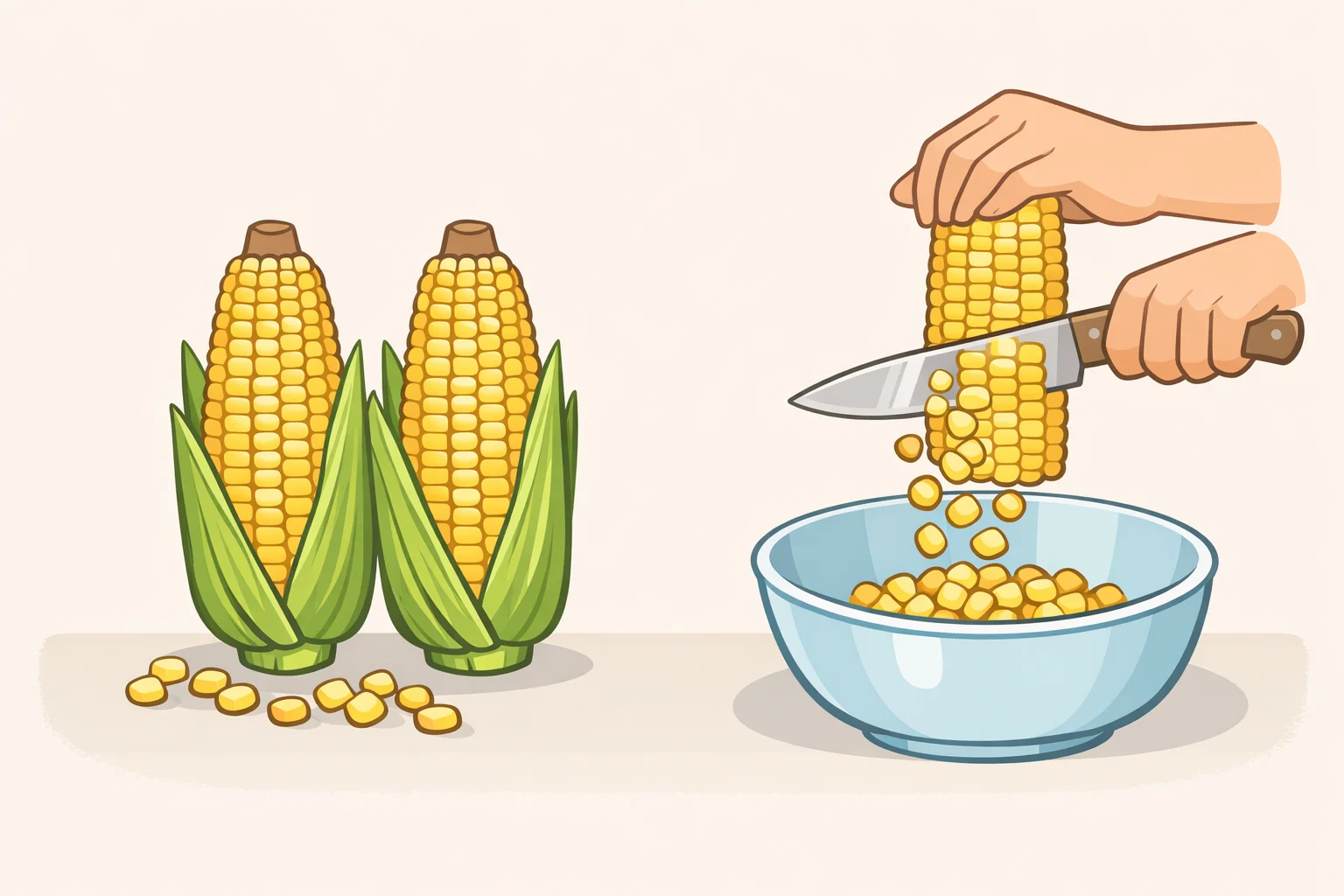 A close-up of corn on the cob being cut into kernels over a wide bowl so the kernels can caramelize for esquites