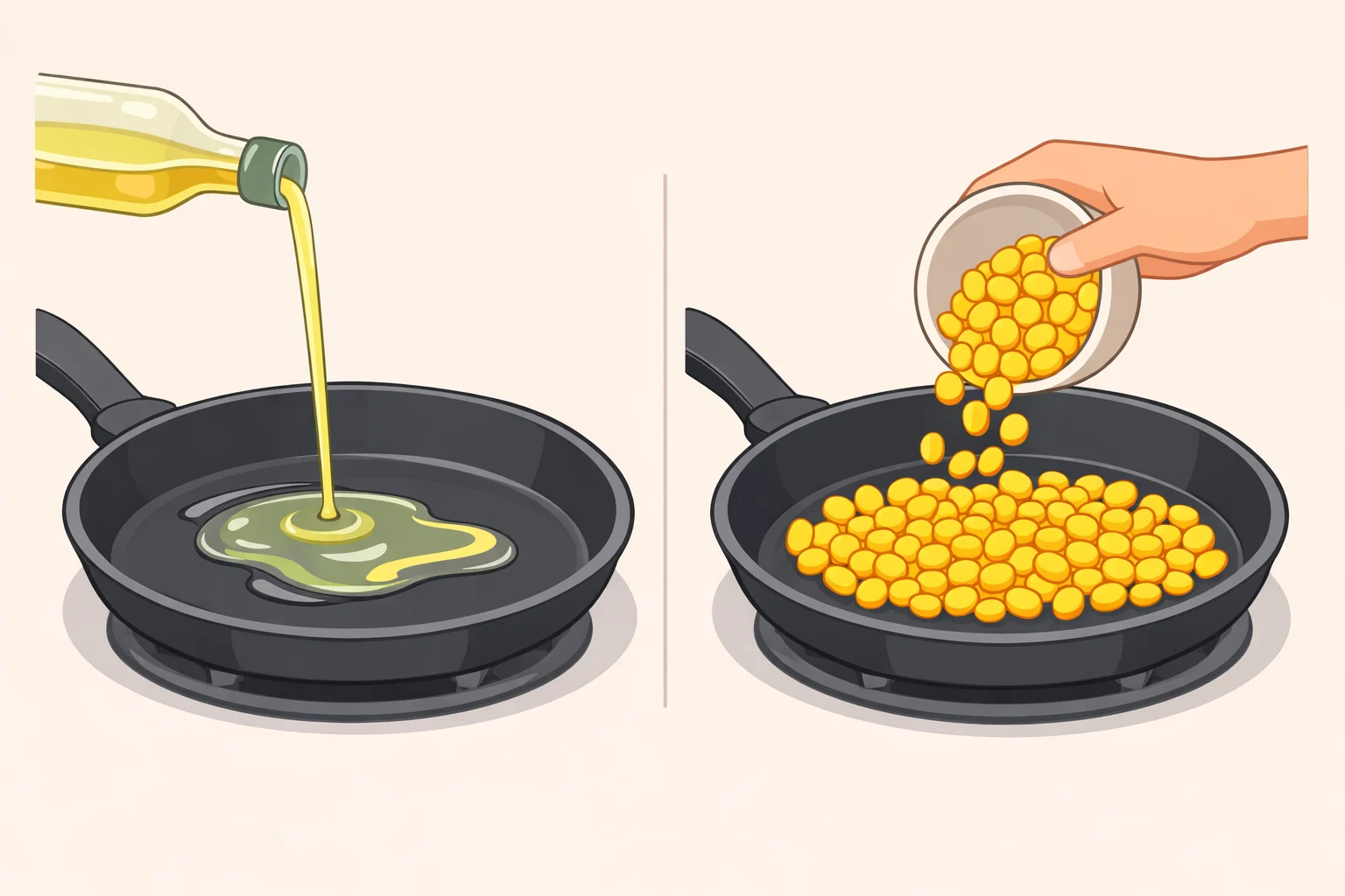 Illustration of a large skillet heating until the oil shimmers, then kernels added in one even layer to prevent steaming and enable char