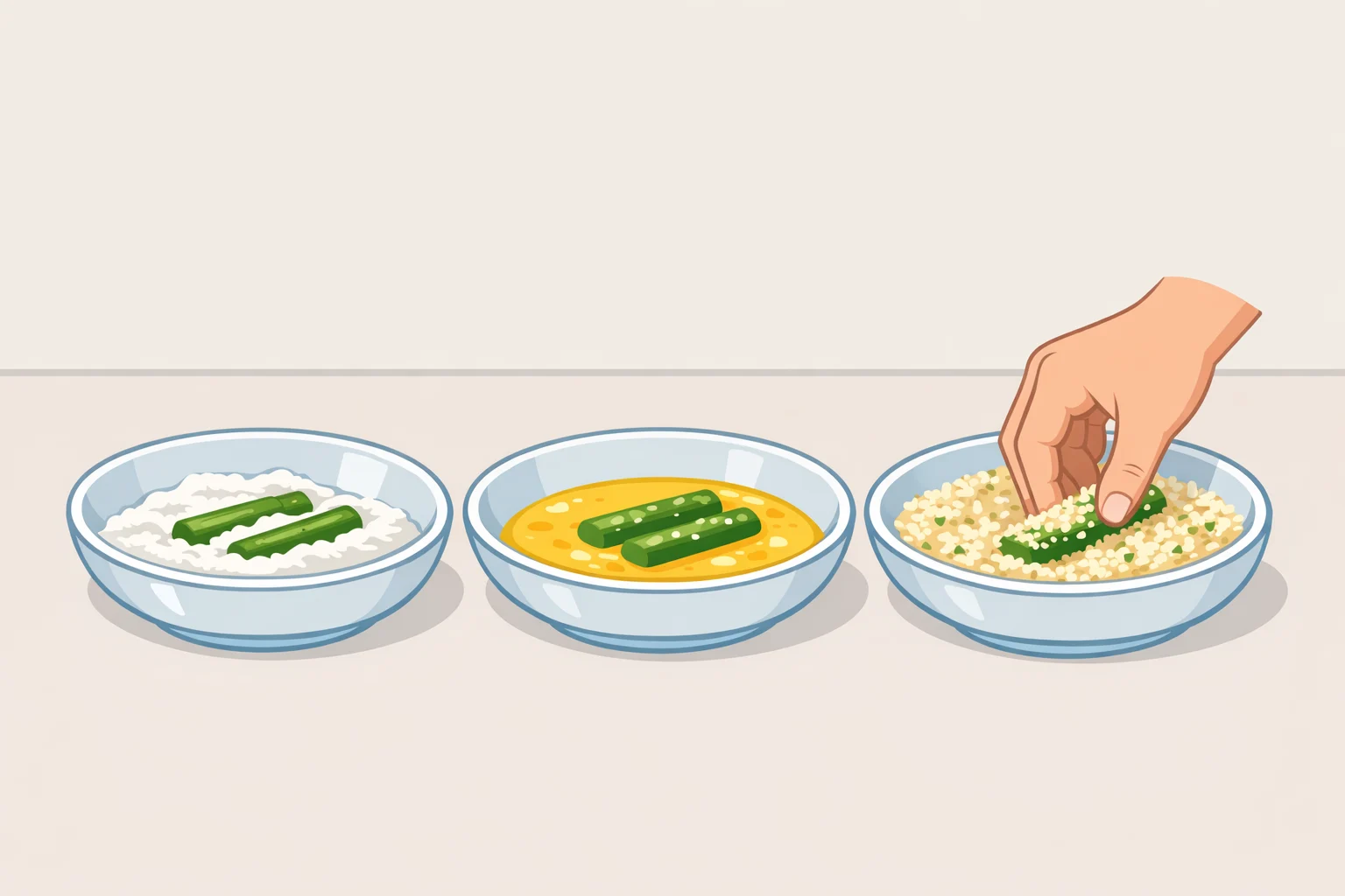 Three shallow bowls showing flour, beaten eggs, and panko-Parmesan mixture, with a hand pressing zucchini sticks firmly into the crumb coating
